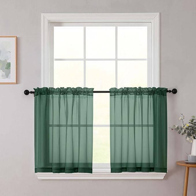 Kitchen Curtains 24 Inch Length Tier 2 Pieces, Hunter Green Sheer Curtain Solid by WelvetBLK