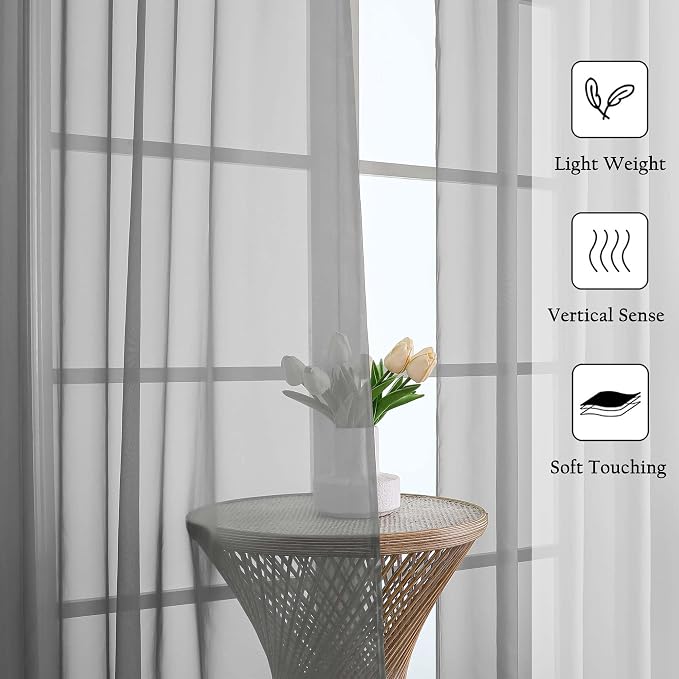 Lecloud Charcoal Grey Sheer Curtains 120 Inches Long 2 Pcs, Light Filtering Rod - Image 2
