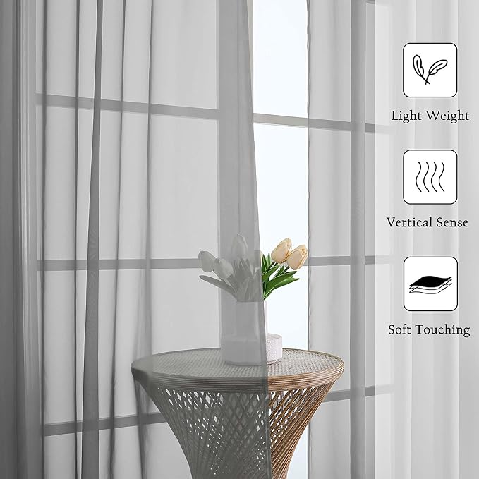 Lecloud Charcoal Grey Sheer Curtains - Image 2