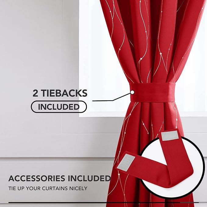 Deconovo Red Curtains, Christmas Drapes, Wave Line Dot Foil Print, 52 x 63 Inch - Image 4