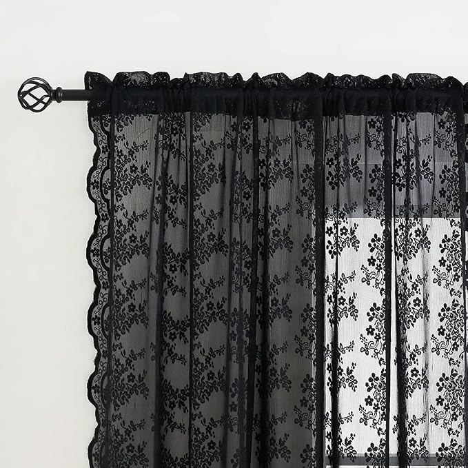 YJ YANJUN Vintage Lace Curtains 63 Inch Length-Victorian Floral Pattern Black - Image 3