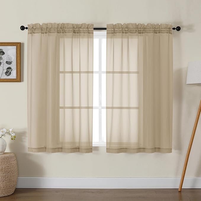 Gwine Taupe Sheer Curtains for Living Room 45 inches Long, Short Voile Light by Gwine