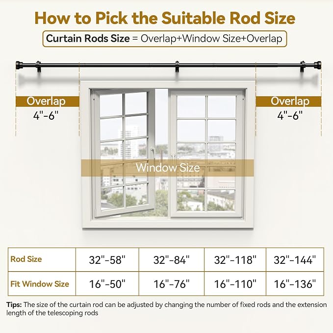 YaFex Curtain Rods 32-144 Inch, Heavy Duty 1 Inch Adjustable Curtain Rod - Image 6