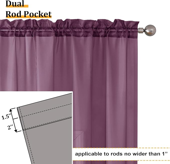 Aiyufeng Plum Purple Sheer Curtains 84 Inches Long 2 Panels, Solid Voile Top - Image 3