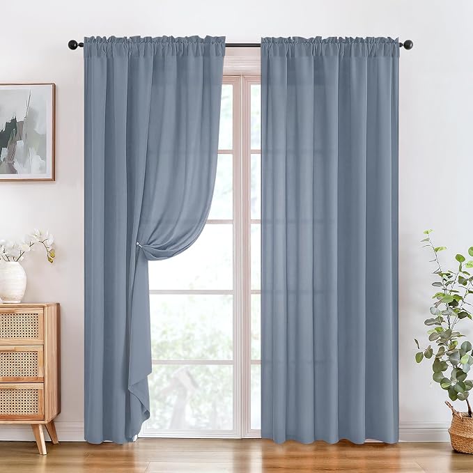 HOMEIDEAS Non-See-Through Stone Blue Privacy Sheer Curtains, 52 X 96 Inches - Image 2
