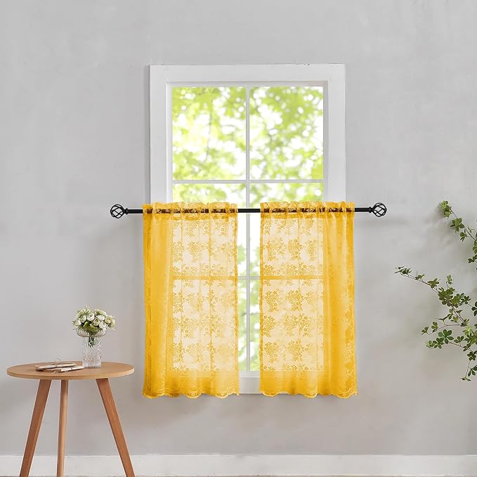 YJ YANJUN Vintage Lace Curtains 36 Inch Length- Victorian Floral 70s Mustard by YJYANJUN