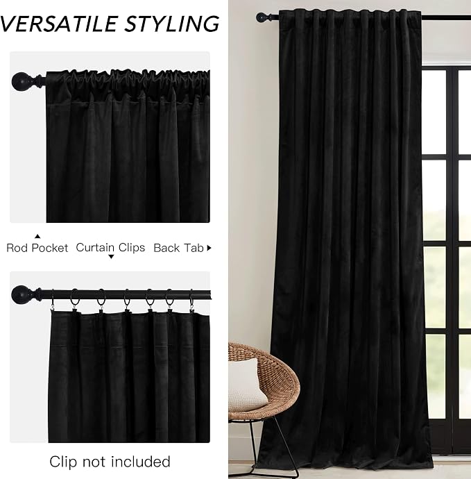 RYB HOME Black Velvet Curtains 96 inch, W52 x L96 inch, 2 Panels - Image 3