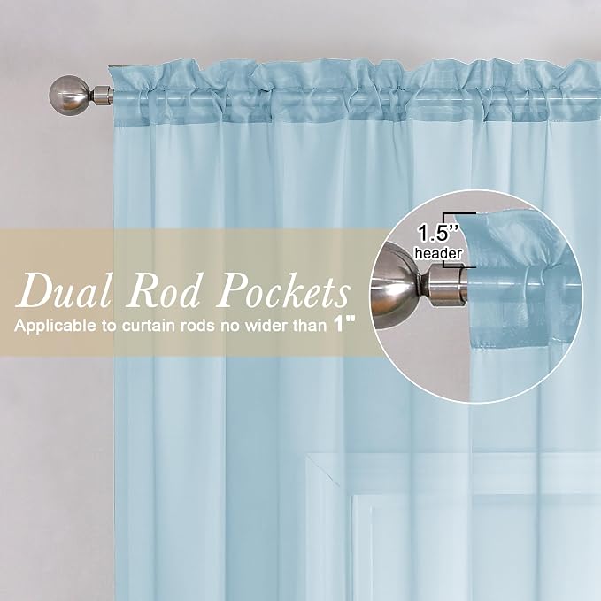 Lecloud Solid Voile Sky Blue Sheer Curtains 63 Inch Length 2 Panels, Dual Rod - Image 2