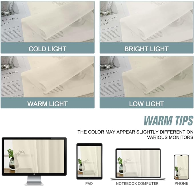 Cream Sheer Curtains for Window 72 inches Long 2 Panels Set, Soft Airy Modern - Image 6