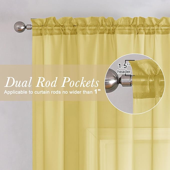 Lecloud Yellow Sheer Curtains 54 Inch Length 2 Panels, Light Filtering Voile - Image 2