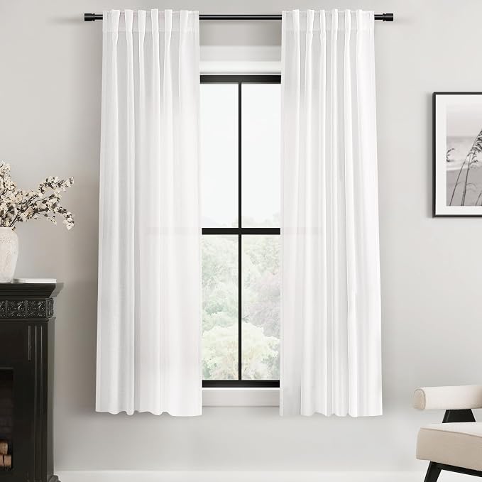 White Linen Curtains 63 inch Length 2 Panel Set by Jolilight