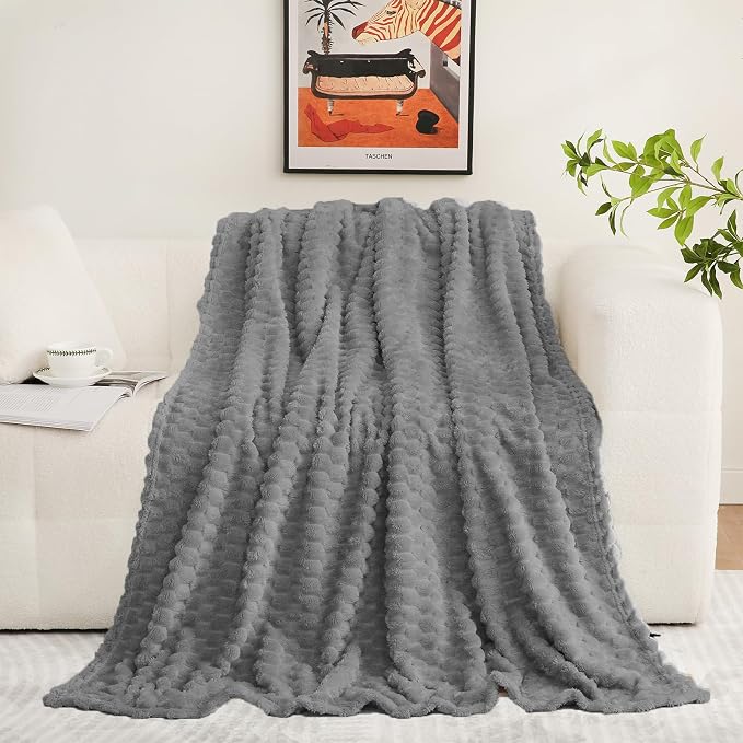 Puncuntex Grey Throw Blanket 60"×80" inches Fuzzy 3D Jacquard Decorative - Image 2