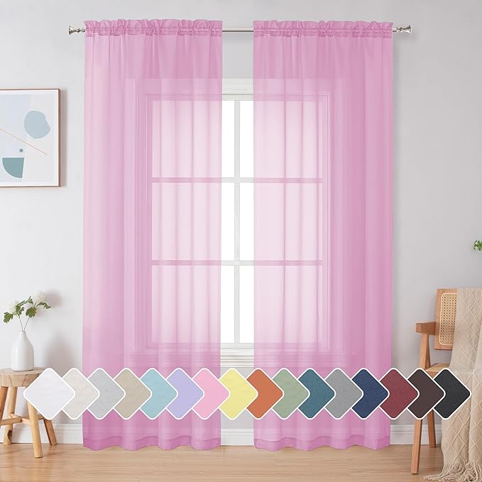 Simplebrand Pink Sheer Curtains 84 Inches Long, Light Filtering Rod Pocket by Simplebrand