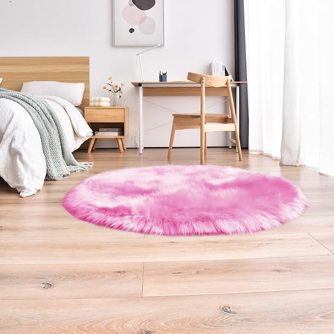 duduta Hot Pink Faux Sheepskin Round Rug 4x4 ft, Fluffy Shag Girls Bedroom - Image 6