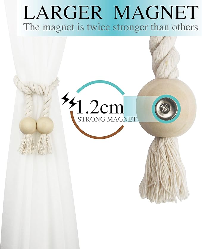 4 Pack Magnetic Curtain Tiebacks Cotton Hand Woven Tie Back Decorative Rope - Image 4