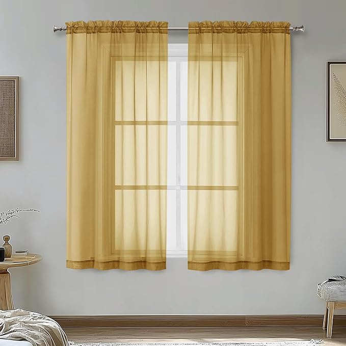 OVZME Gold Sheer Curtains 54 Inches Long 2 Panels by OVZME