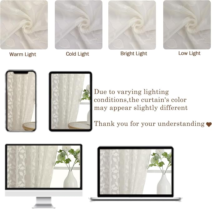 Chyhomenyc Ivory Short Curtains 45 Inch Length 2 Panels, Light Filtering Leaf - Image 8