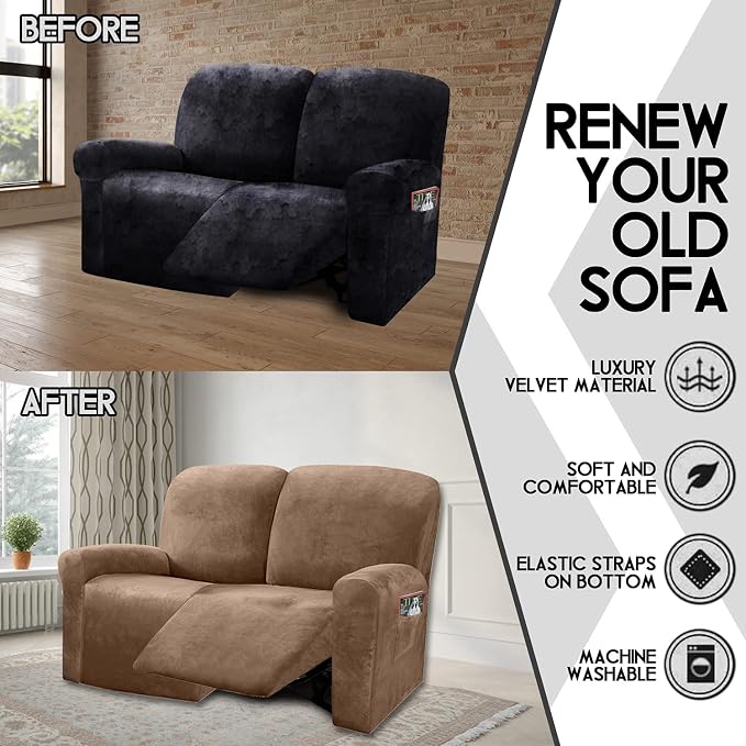 ULTICOR Reclining Love Seat Slipcover, 6-Piece Velvet Stretch Loveseat - Image 3