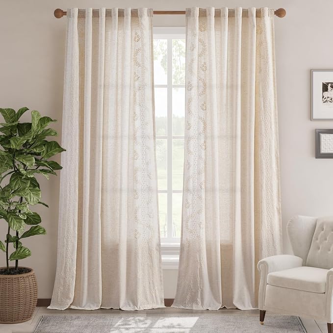 jinchan Belrose Linen Curtains for Bedroom Floral Curtains 96 Inch Length Linen - Image 2