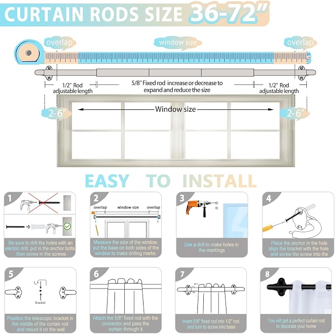 TVWOO Black Wrap Around Curtain Rods:5/8" Small Blackout Adjustable Window - Image 7