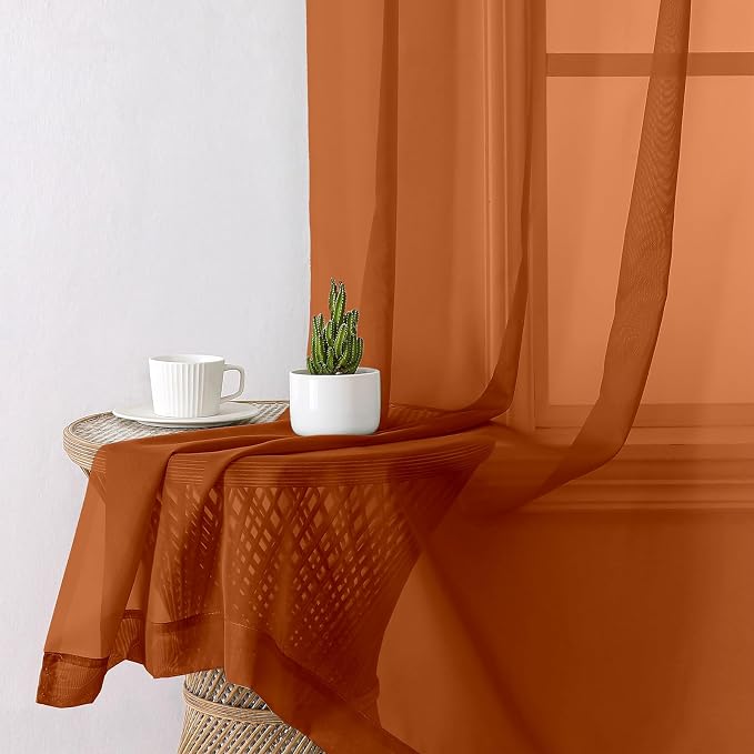 Lecloud Orange Sheer Curtains 63 Inch Length 2 Panels Set, Window Curtains - Image 3