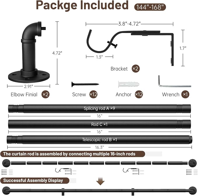 Zeerobee Curtain Rods for Windows 144 to 168, 1 Inch Industrial Wrap Around - Image 6