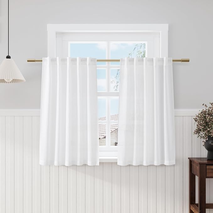 White Cafe Curtains 45 Inch Length Set 2 Panel Back Tab Pocket Semi Sheer Short by Nanspring