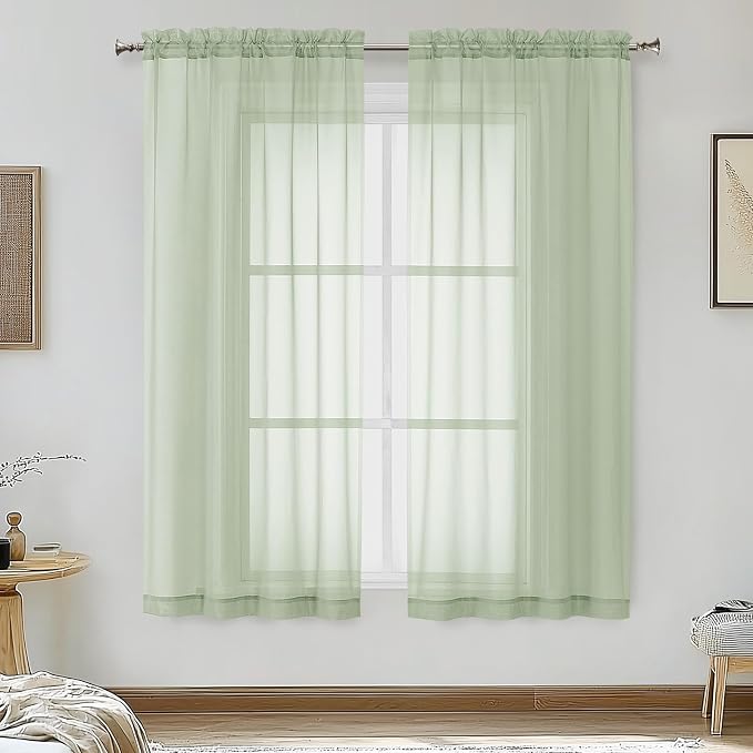 OVZME Light Green Sheer Curtains 54 Inches Long 2 Panels by OVZME