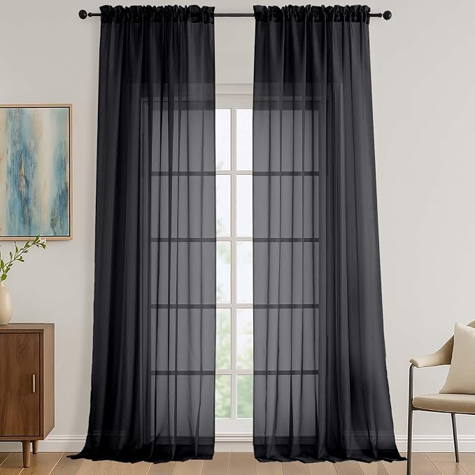 OVZME Black Sheer Curtains 120 Inches Long 2 Panels Set, 59 Inch Extra Wide by OVZME