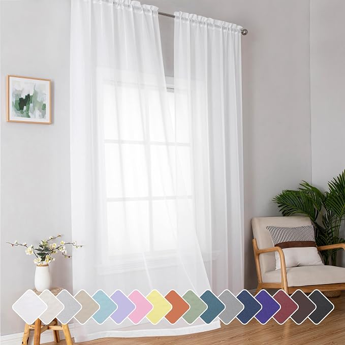 Simplebrand Sheer White Curtains 96 Inches Long, Light Filtering Rod Pocket by Simplebrand