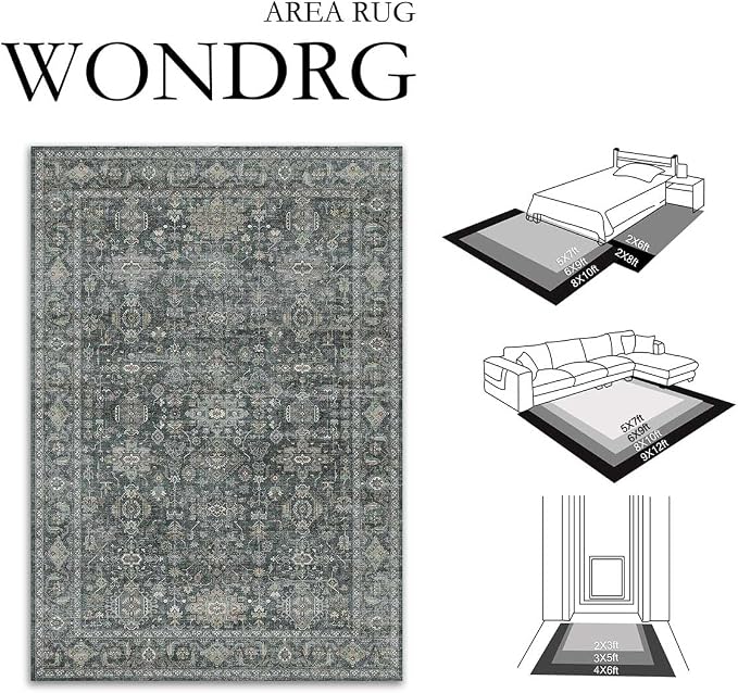 5x7 Washable Area Rug for Living Room Bedroom Vintage Black Grey Soft Low Pile - Image 2