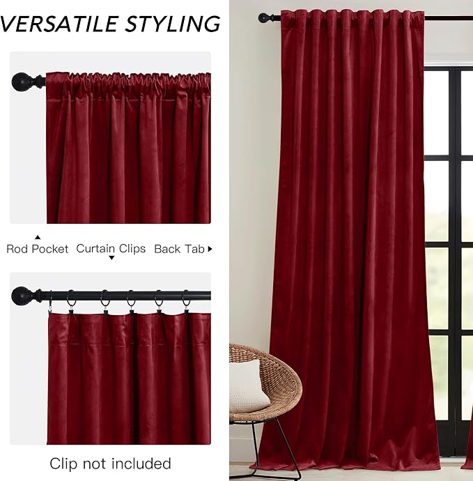 RYB HOME Red Velvet Curtains 84 inches- Room Darkening Curtains Heavy Duty - Image 4