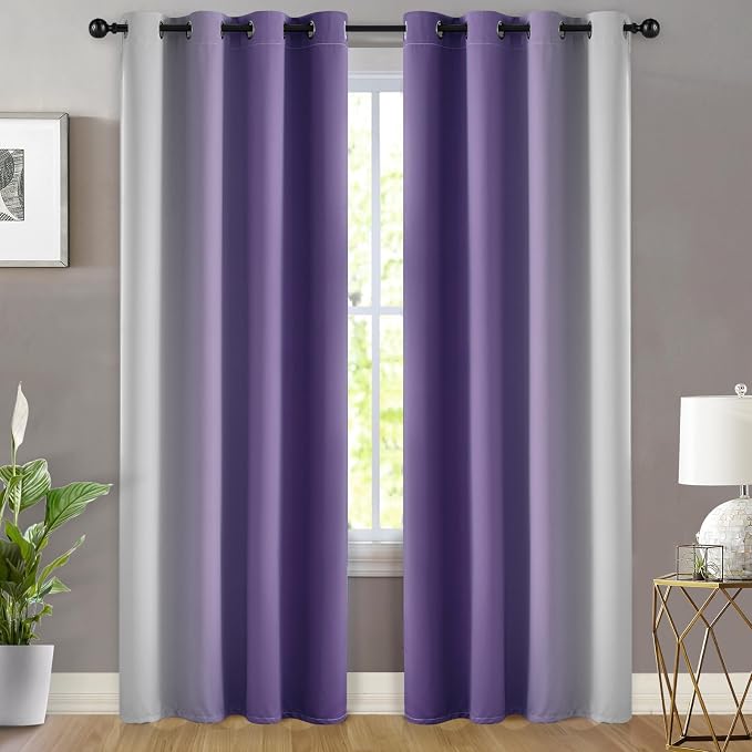 Yakamok Greyish White and Lavender Purple Ombre Curtains, Light Blocking - Image 2