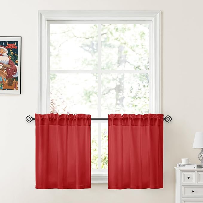 HOMEIDEAS Christmas Non-See-Through Red Privacy Sheer Kitchen Curtains by HOMEIDEAS