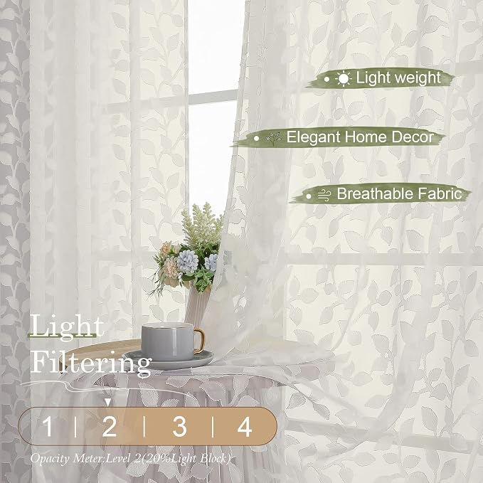 Chyhomenyc Ivory Sheer Curtains 30 Inch Length, Light Filtering Leaf Tufted - Image 2