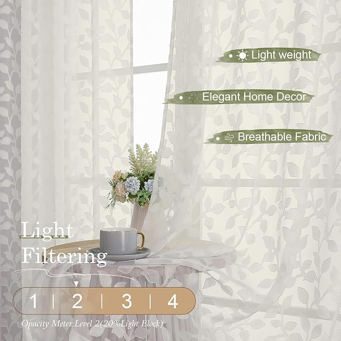 Chyhomenyc Ivory Sheer Curtains 24 Inch Length, Light Filtering Leaf Tufted - Image 2
