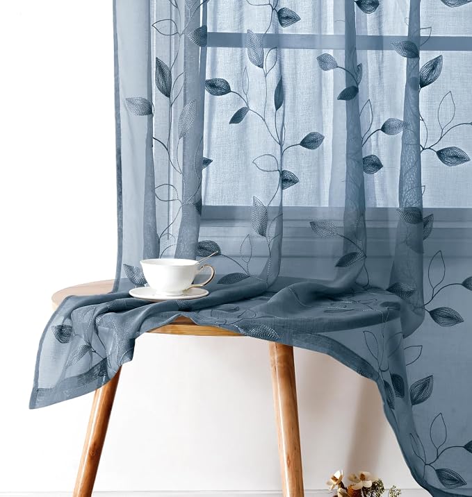 HOMEIDEAS Stone Blue Floral Sheer Curtains 63 Inches Long 2 Panels Embroidered by HOMEIDEAS
