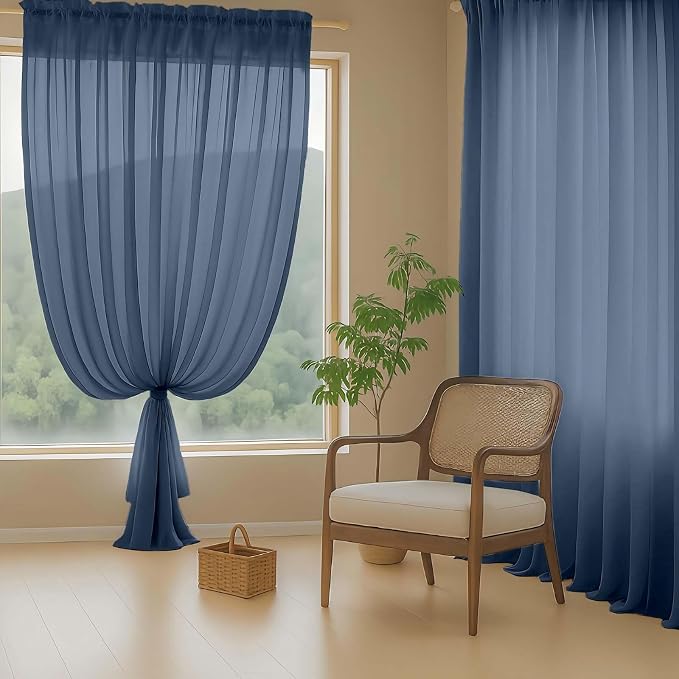 Navy Blue Sheer Curtains 90 Inches Long 2 Panels, Light Filtering Solid Sheer - Image 8