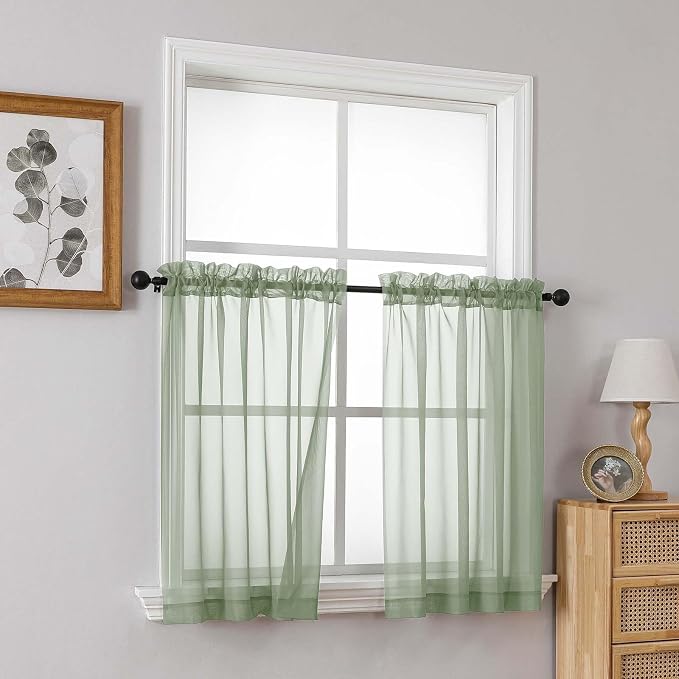 Sage Green Small Sheer Curtains 2 Panels Set, Kitchen Curtains 36 Inch Length - Image 8
