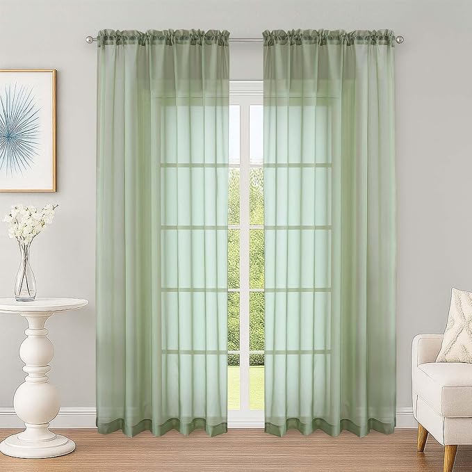 OWENIE Sage Green Sheer Curtains 72 Inches Long 2 Panels Set, Transparent Voile by OWENIE