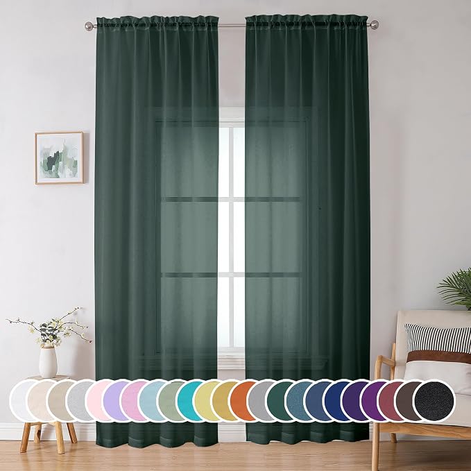 OWENIE Green Sheer Curtain 96 Inches Long 2 Panels Set by OWENIE