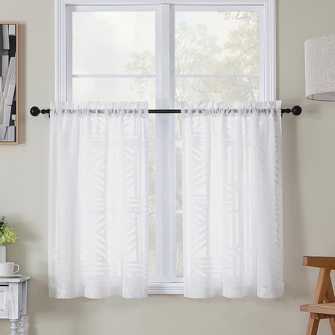 Simplebrand Semi Sheer White Curtains 36 Inch Length 2 Panels, Geometric by Simplebrand