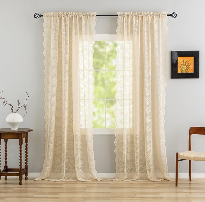 YJ YANJUN Vintage Lace Curtains 84 Inches Long-Retro Floral Beige Sheer Curtain - Image 2