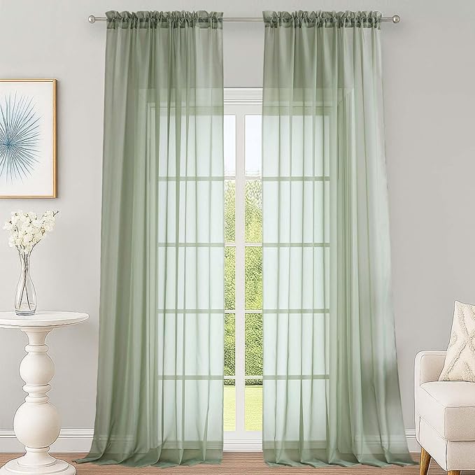 OWENIE Sage Green Sheer Curtains 120 Inches Long 2 Panels Set, Airy Lightweight by OWENIE
