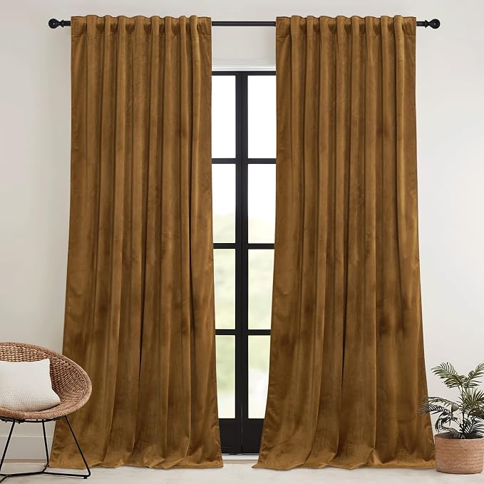 RYB HOME Brownish Gold Velvet Curtains 108 inch, Retro Vintage Room Darkening - Image 2