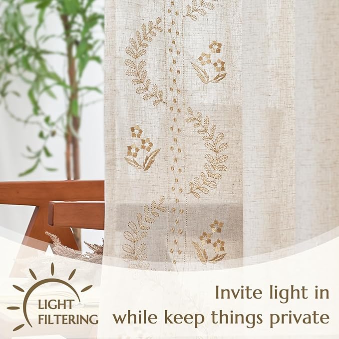 jinchan Belrose Linen Curtains for Bedroom Floral Curtains 63 Inch Length Linen - Image 5
