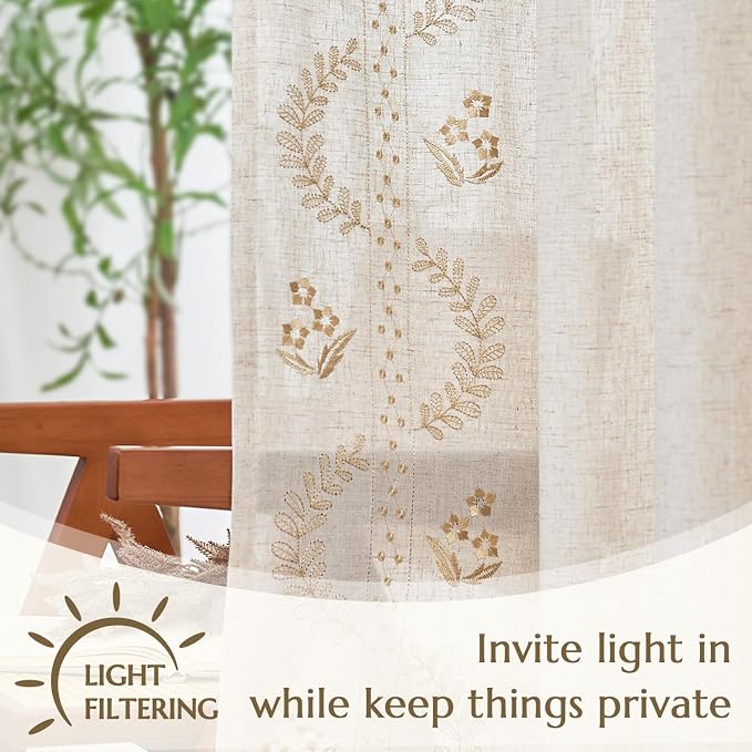 jinchan Belrose Linen Curtains for Bedroom Floral Curtains 90 Inch Length Linen - Image 5