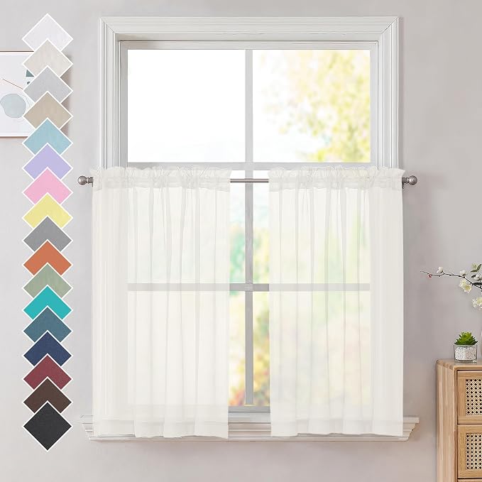 OVZME Ivory Sheer Curtains 36 Inch Length Kitchen Tiers by OVZME