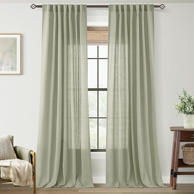 Linen Blend Sage Green Curtains 108 inch Length 2 Panels by Jolilight