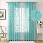 MIULEE Turquoise Sheer Curtains 2 Panels Embroidered Leaf Patterned Rod Pocket - Image 2